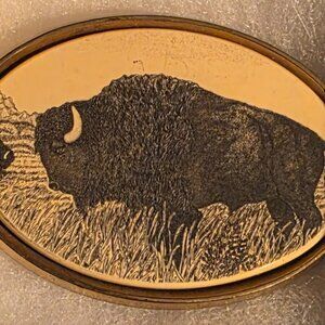 Vintage Metal Belt Buckle, Solid Brass, Bison, Buffalo, Wildlife, Nature, Nice